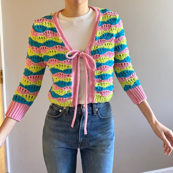 Zara crochet chunky knit tie front cardigan pink blue green - Picture 1 of 9
